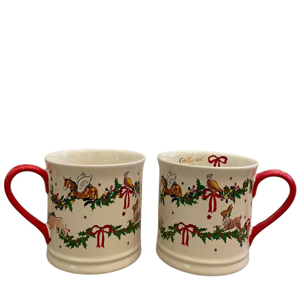 Set of 2 Cath Kidston CHRISTMAS Red Bow Animal Garland Mug Holiday Tea Cup New